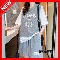 qkq971 WomenS Sports Suit Korean Casual Fake Two-Piece Letter Printed Short-Sleeved Top And High-Waisted Pants