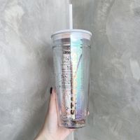 Starbuck Cup Anniversary White Mermaid Sequins สีสัน Double-Layer Glass Grunt Straw Cup