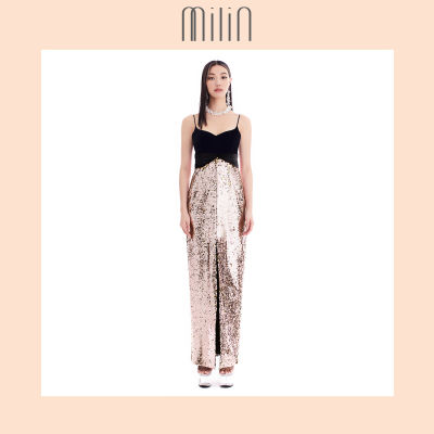 [MILIN] Front twist high slit sequin velvet contrast maxi dress เดรสยาวกำมะหยี่ตัดกับเลื่อม บิดด้านหน้า ต่อใต้อก ผ่าสูง Athena Dress สีเลื่อมชมพู/ สีเลื่อมทอง