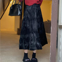 Alien Black Velvet Chic Women Skirts Elastic Waist Winter 2022 New Fashion Prom Pleated Elegant Office Lady Long Skirts