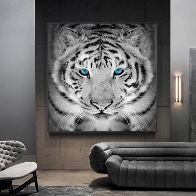 สีดำและสีขาวเสือตาสีฟ้าผ้าใบภาพวาดสัตว์ป่าโปสเตอร์พิมพ์ภาพผนังสำหรับตกแต่งห้องนั่งเล่น Cuadros