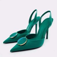 ZARAˉwomens shoes 2022 new green pointed toe stiletto high heels womens sexy summer metal decorative sandals women