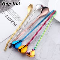 2PCS Long Straw Spoon Small  amp; Large Portable Tea Scoop Reusable Colored Stainless Steel Straws Cocktail Coffee Stirring Spoon