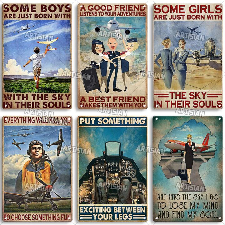 artisian-flying-metal-sign-pilot-tin-plate-flight-attendant-decorative-plaque-wall-decor-garage-bar-pub-club-hotel-cafe-kitchen-baking-trays-pans