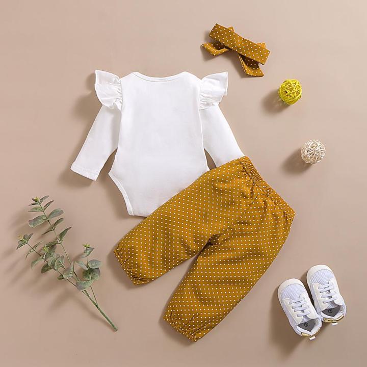 patpat-2021-new-spring-and-autumn-3-piece-baby-girl-letter-print-ruffled-bodysuit-and-polka-dots-pants-with-headband-set