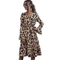 Summer Fresh And Fashionable Temperament Mature Slim Mid-Length Leopard Print V-Neck Tie Ladies A-Line Dress