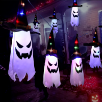 【cw】Halloween LED Flashing Light Hanging Ghost Halloween Party Dress Up Glowing Wizard Hat Lamp Horror Props Home Bar Decoration