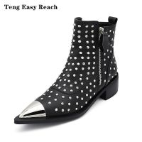 Womens Boots Ankle Boots Women Genuine Leather Autumn Winter Botas Platform Short Booties Female Rivets Studded