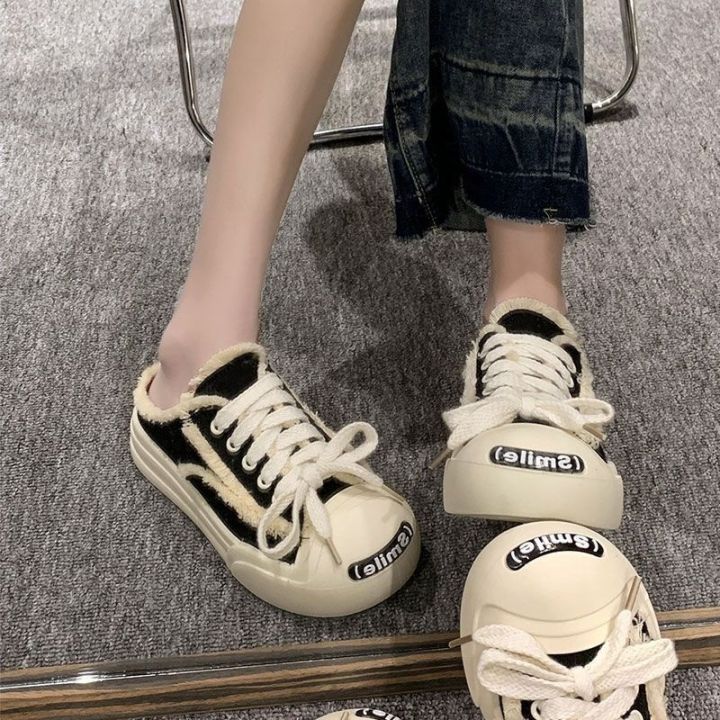 hot-sale-xiaoxiangfeng-smiling-canvas-slippers-womens-2023-new-baotou-half-drag-ultra-fire-thick-soled-shoes