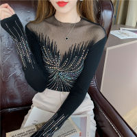 利YIGE 2023 fall new Korean version of the sexy hot drill mesh hollow knit sweater female long-sleeved Slim tops female