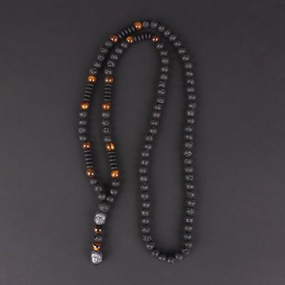 【CW】New Vintage Natural Tiger-eye Stone Black Lava Beads Buddha Head Pendant Necklace for Men Hnadmade Jewelry N012