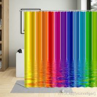 QSR STORE Rainbow Colorful Stripe Texture Printing Bathroom Curtains Screen Waterproof Polyester Fabric Bath Shower Curtain with Hooks