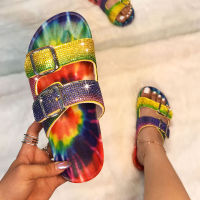 2021 Summer New Women Sandals Low Heel Rhinestone Buckle Slippers Open Toe Beach Shoes Outdoor Plus Size 41