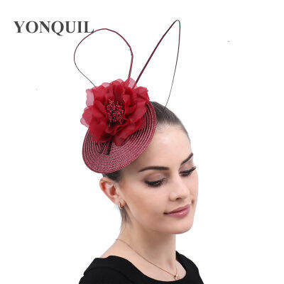 ไวน์แดงค๊อกเทลคริสตจักร Fascinators คลิปผม H Airpins ผู้หญิงสุภาพสตรีผ้าไหมดอกไม้อุปกรณ์ผม H Eadwear ขนนกดอกไม้พรรค