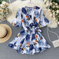 New Summer Tropical Plants Printed Chiffon Jumpsuit Women Bali Holiday Beach V-neck Sexy Backless Seaside Wide Leg Shorts