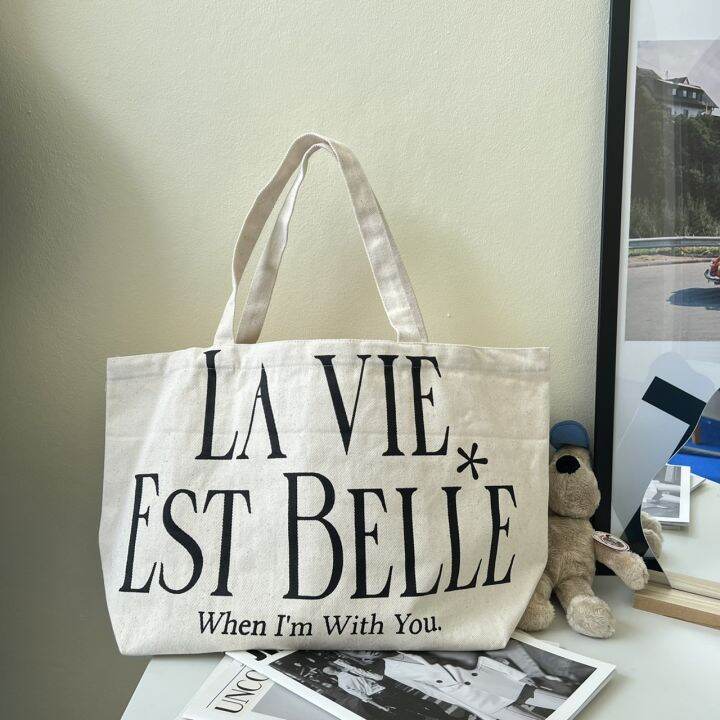 justbehappy-tote-bag-กระเป๋าผ้าลดโลกร้อน-สกรีนลาย-ladies-la-vie