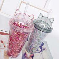 [High-End ถ้วย] 420Ml หูแมวขวดน้ำสำหรับสาวเลื่อม Bpa ฟรี Double Wall Tumbler ฟาง Reusable Smoothie ถ้วย Drinkware