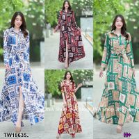 TT18635 เดรสปกเชิ๊ต พิมพ์ลาย ผูกโบว์เอว .Printed shirt dress with waist bow tie..