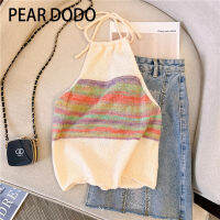 PEAR DODO เสื้อกล้ามแบบถักสำหรับผู้หญิงลายทางสีรุ้งแบบเกาหลีคอลูกไม้สั้น