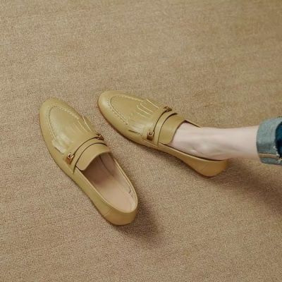 2023 Spring with Artifact R Tassel One Pedal Loafer Flat Bottom Pumps British Leather Shoes