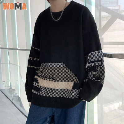 WOMA เสื้อสวมหัวผู้ชายเสื้อสเวตเตอร์สีดำคอกลมวินเทจแขนยาว