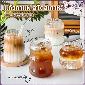 2PCS Ribbed Glass cups with Bamboo Lids and Glass Straws, Fluted