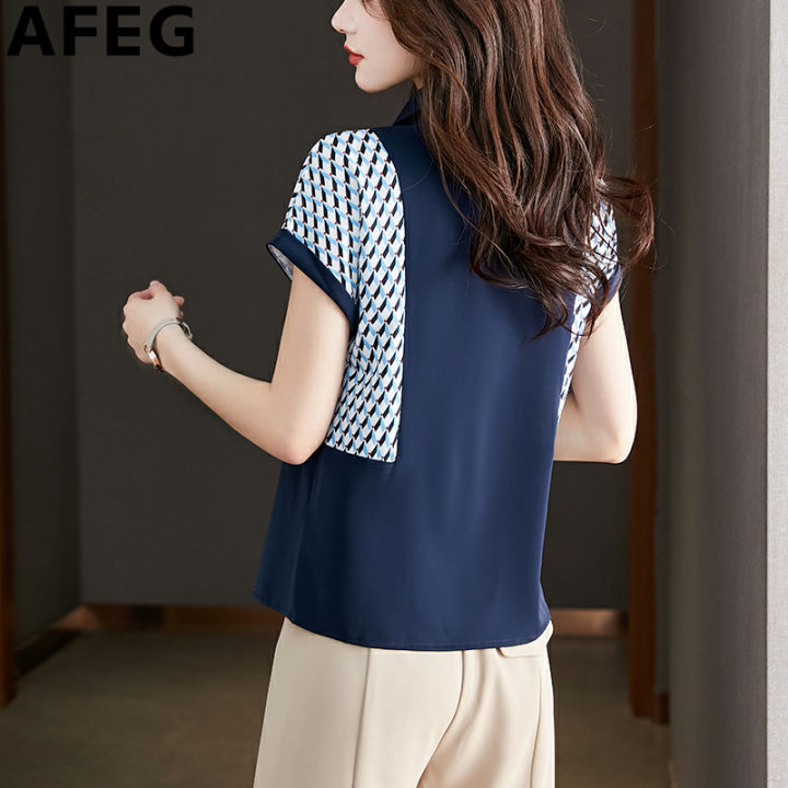 afeg-เสื้อฉบับภาษาเกาหลีผู้หญิง-เสื้อแฟชั่นคอปกทรงหลวมเสื้อชีฟองแขนสั้นผ้าปะพิมพ์ลาย