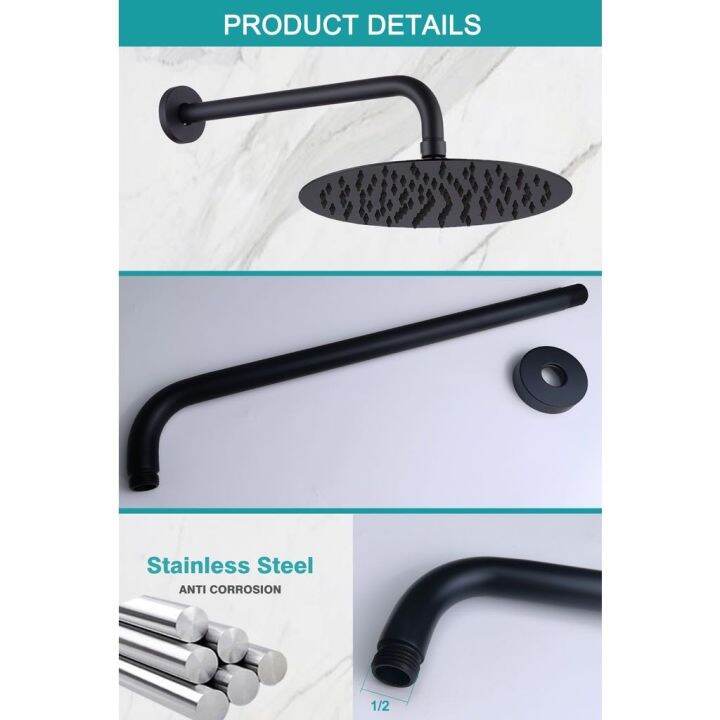 RCG Stainless Steel Black Rainfall Shower Pipe Shower Head Arm 40CM60CM Pipe Converter COD