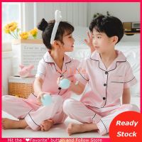 Kids Baby Sleepsuit Children Sleepwear Pyjamas Set Short Sleeve Silk Stain Boys Girls Pajamas Suit Baju Tidur