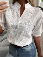 Summer Floral Embroidery Lace Blouse Women Hollow-Out Stand Collar V Neck Casual Shirt Elegant Short Sleeve Cotton Tops 24350