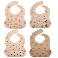 【CC】 Silicone Baby Bib Cartoon Printed Soft Edible Aprons Newborn Adjustable Children Burp Feeding