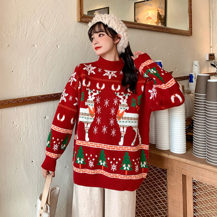 orfilas-เสื้อกันหนาวคริสต์มาส-กวาง-พิมพ์เกล็ดหิมะ-เสื้อสเวตเตอร์หลวมสีแดง-เสื้อสเวตเตอร์คอเต่า-เสื้อสเวตเตอร์นักเรียน-จัมเปอร์ผู้หญิง