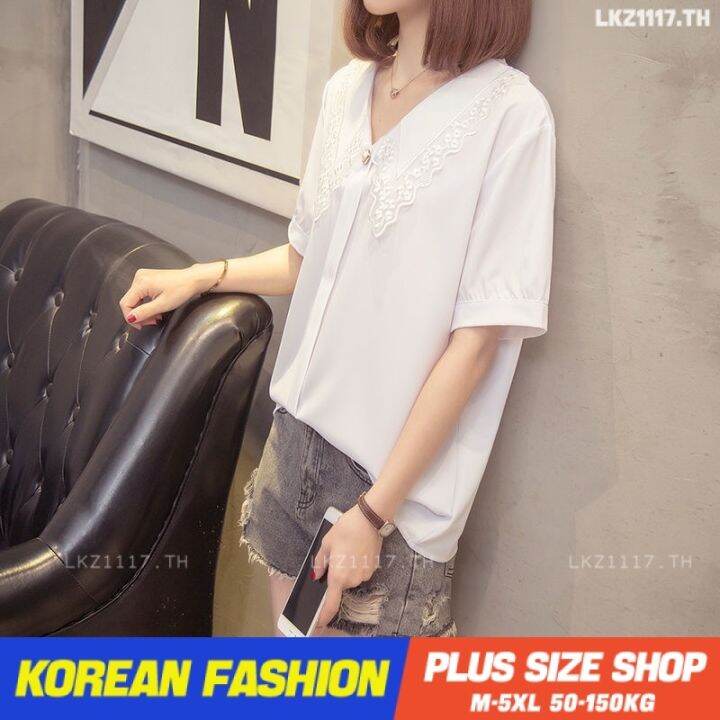 plus-size-เสื้อผ้าสาวอวบ-เสื้อสาวอวบอ้วน-ไซส์ใหญ่-ผู้หญิง-ทรงหลวม-แขนสั้น-คอวี-ฤดูร้อน-สไตล์เกาหลีแฟชั่น-v728