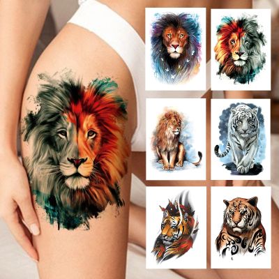 【YF】 Watercolor Lion Tiger Temporary Tattoo For Women Men Atult Kid Realistic Fake Animal Sticker Water Transfer Tatoos Thigh