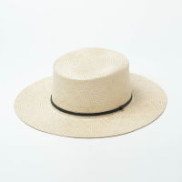 Straw Wide-Brimmed Boater Hat Women Summer Hat Beige Fedora Hats With Mini Black Lether Band