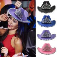 Women Cowboy Hat Rhinestones Inlay Crown Shiny Sequined Hat Brim Western-Themed Night Party Ladies Cowboy Costume Accessories