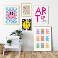 Boho Smiley Poster Rainbow Bear Art Print Hippie Doodle Canvas Painting Abstract Checkerboard Wall Picture For Living Room Decor Wall Décor