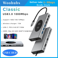 [COD]Woohubs ยี่ห้อ USB ฮับ Type-C พร้อมพอร์ต HDMI 5Gbps ที่ชาร์จแบบไร้สาย (USB 3.0X3 + USB 2.0X3 + VGA + RJ 45กิกะบิตอีเธอร์เน็ต + HDMI + Type-C + SD &amp; Micro การ์ด SD พอร์ต) ฮับพอร์ตหลายพอร์ต Ty