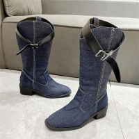 ผู้หญิง2023ฤดูหนาวใหม่ Slim Elastic Boots Knight รองเท้าสแควร์ Toe Over เข่าหนารองเท้าส้นสูงผู้หญิงรองเท้าส้นสูง