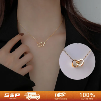 ✨พร้อมส่ง✨Japanese and Korean Minimalist Titanium Steel Heart-Shaped Double Buckle Necklace Womens Stainless Steel Heart-to-Heart Double Ring Necklace Versatile Non-Fading Ornament