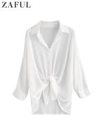 Hot sell ZAFUL Womens Cover Up Shirt V-Neck Swimsuit Top Beach Bikini Button Up Drop Shoulder Solid Long Sleeves Beachwear Bathing Suit