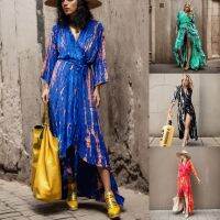 Boho Tie-DYE พิมพ์เอวสูง Tie Beach ชุดยาว2023 V คอ Lace Up Wrap ชุด Make COVER UP cardig. เวสทานิโด