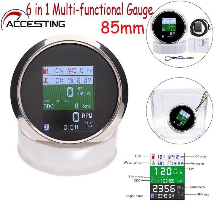 85มิลลิเมตรดิจิตอล-gps-s-peedometer-กันน้ำเรือ-s-peedometer-มัลติฟังก์ชั่เมตรสำหรับรถยนต์รถจักรยานยนต์ทะเลไมล์ต่อชั่วโมง-s-peedometer-6-in-1-s-peedometer-โวลต์มิเตอร์0-10bar-น้ำมันความดันระดับน้ำมันเช