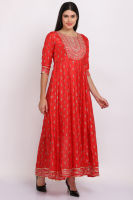 HERITAGE INDIA Red color soft leva silk gold glitter printing and embroidered maxi dress (Soft cotton inner attached)