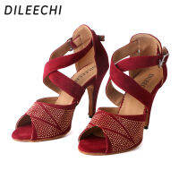 DILEECHI Red Flock รองเท้าเต้นรำแบบละตินผู้หญิง Rhinestone รองเท้าเต้นรำบอลรูม Tango Party รองเท้าส้นสูง10ซม. Salsa Soft Sole