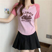 Womens American-style retro contrast color Raglan short-sleeved T-shirt summer irregular cinched short curved top with pleated skirt