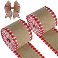 2 Rolls Wired Edge Ribbons Christmas Imitate Burlap Fabric Craft Wrapping Ribbon Rolls with Checkered Edge