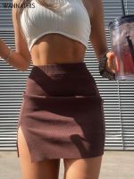 WannaThis Knitting Women Skirts Side Split Brown Solid High Waist Autumn Fashion Skinny Harajuku E-Girl Female Short Skirt 2021