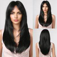 【LZ】▣◊✚  ALAN EATON Long Straight Layered Synthetic Fake Hair with Bangs Black Wigs for White Women Daily Party Use Heat Resistant Fiber