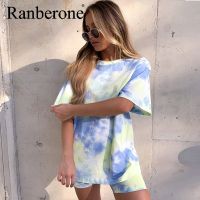 (Xianle Clothing)Ranberone 2020ชุดวอร์ม2ชิ้นสำหรับผู้หญิง,ชุดวอร์มเสื้อกันหนาวแบบสวมหัวและกางเกงขาสั้นออกกำลังกายมัดย้อมชุดเสื้อผ้าโยคะจับคู่ชุดกีฬา